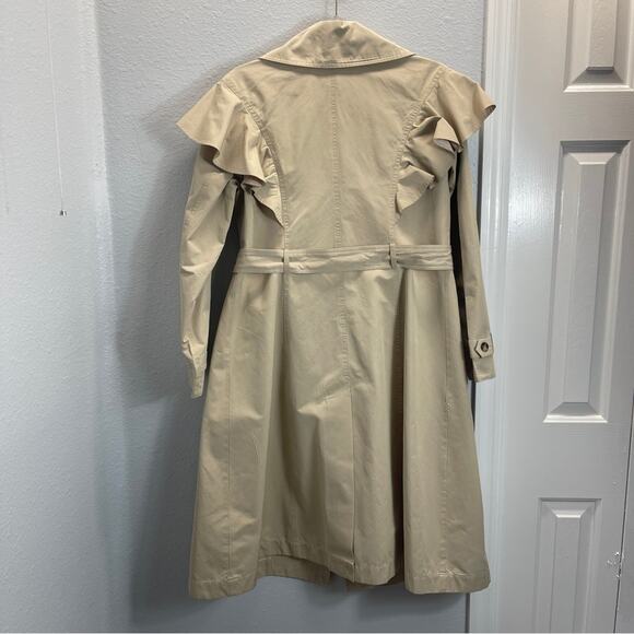 Anthropologie Ruffled Trench Coat Tan Khaki Midi - Picture 13 of 14